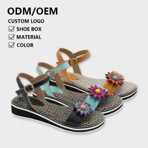 New Fashion Elegant Round Toe Hollow Genuine Leather Sandals Outdoor Comfort Breathable Flat Flower Women Sandals