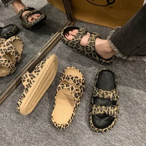 New Fashion Spring Summer Ladies Leopard Print Platform Open Toe Outdoor Beach EVA Flat Light Weight Anti Slippery