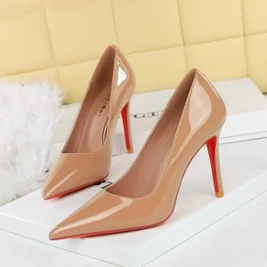 New Fashion Stylish Simple Thin Heels Slip On PU Glossy Patent Leather Low Cut Pointed Toe Womens Formal Dress Shoes