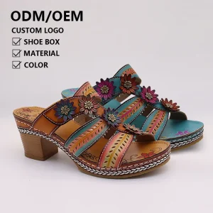 New Fashion Women Summer Heeled Sandals Genuine Leather Elegant Ethnic Hand Painted Outdoor Chunky Heel Ladies Slippers