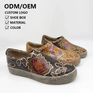 New Female Outdoor Retro Ethnic Casual Ladies Loafers Hand Painted Flowers Thick Luxury Leather Shoes Women