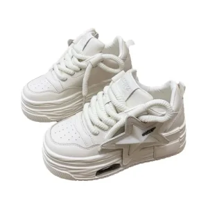 New Four Seasons Women’s Shoes Thick Sole Height Increasing Sneakers Fashion Lace-up Mesh Upper White Platform Star