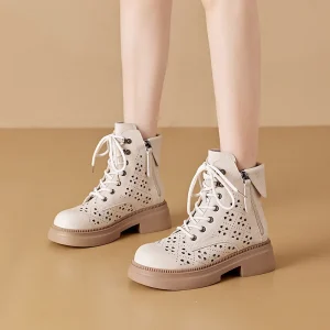 New Genuine Leather Hollowed-Out for Boots Women’s Thick-Soled Korean-Style Double-Sided Zipper Lace-Up Casual Shoes