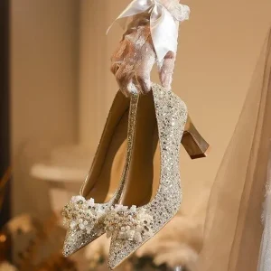 New Heel Heeled Sequin Crystal Dual Wear Slip On Sandals Chunky Heel Sexy Elegant Bridal Shoes for Wedding