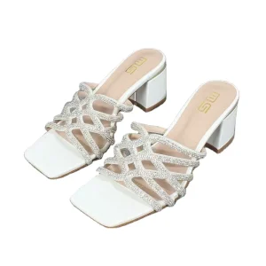 New High Appearance Level Women’s Slippers with Rhinestone Heeled Sandals on the Outside PU Upper Rubber Outsole