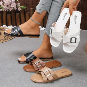 New Innovations Flat Beach Sandals Women’s Summer New Fashion Belt Buckle Solid Color PU Upper Lazy Comfortable