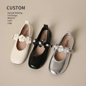 New Kids Mary Jane Shoes Pearl Flower Decor Square Toe Leather Girls Footwear Bulk Factory OEM Custom Logo