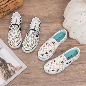 New Korean Style Women’s Color Block Graffiti Canvas Shoes Slip on Shoes Personalized Vulcanized Skateboard Shoes