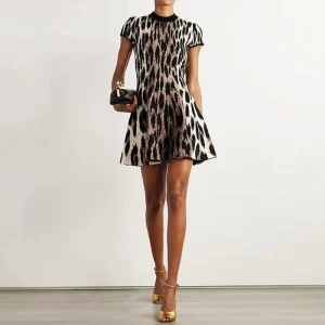 New Leopard Print Knit Dress Short Sleeve High Neck A-line Flare Mini Dress Multiple Colors
