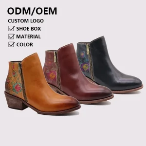 New Luxury Women Chunky Heel Vintage Western Boots Ethnic Hand Painted Genuine Leather Zipper Ankle Boots for Women