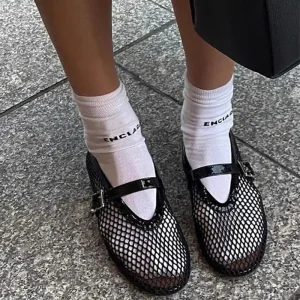 New Mesh Hollow-out Ballet Leather Belt Buckle Single-layer Slip-On Flat Casual Fashion Shoes for Women