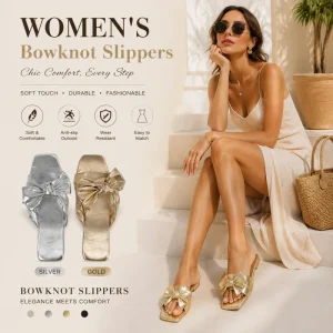 New Metallic Bowknot Women Slide Sandals Fashion PU Flat Slippers Comfortable Summer Beach Shoes Custom