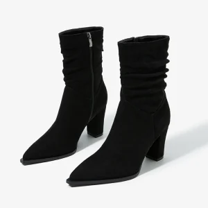 New Mid Calf Chunky Heel Toe Fashionable Comfortable Winter Women’s Boots Soft Faux Suede Slip On Back Zipper