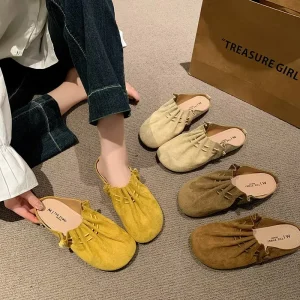 New Retro Cowhide Slip-On Summer Solid Soft Sole Flat Shoes Women Slippers Sandals Slippers for Women Shoes for Women