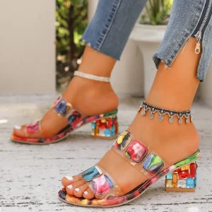 New Rhinestone Chunky Heel Colorful Strap Sandals Fashion Outdoor European American Style Large Size Rubber Outsole Women’s