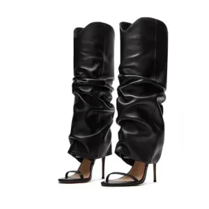 New Round Head Open Toe Stilettos High Heeled Strap Pleated Sandal Boots Slip On Plus Size Women’s Boots