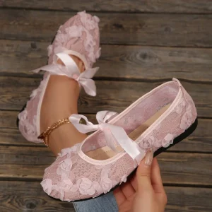 New Slip on Bowknot Solid Square Head Lace Flat Mesh Flat Heeled Elegant Casual Daily Shoes for Women