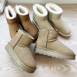 New Snow Boots Women’s Middle Cylinder Thick soled Raised Leather Wool Velvet Padded Waterproof Non slip Warm Beef Tendon
