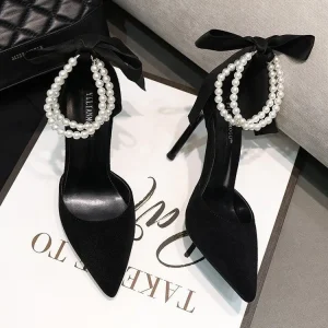 New Spring Black Suede Pointed Toe Stiletto High Heels Women’s Fashion Bowknot Strap Sandals