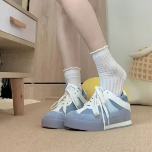 New Spring Summer Style Comfortable Blue Women’s Sneakers Thick-soled Rubber Outsole Training Casual Lace-up Round Toe PU