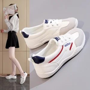 New Spring Summer Women’s Faux Leather White Sneakers Fashion Low Top Slip on Flat Shoes Soft Sole Breathable Versatile