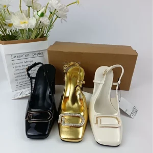 New Square Head Thick Heel Metal Fashion Sandals for Women Shallow Mouth Mary Jane High Heels