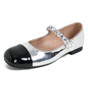 New Square Head Thick Heel Women’s Flat Shoes Pearl Chain Ladies Loafers British Style Frenulum Especially Leather Single Shoes