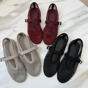 New Style Alogo Ballet Flats Women’s Flat Open Toe Mary Jane Sandals With Rhinestone Mesh Upper Breathable Women’s Shoes