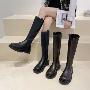 New Style Autumn Winter Women’s Western Genuine Leather Slip On Mid Heel Knee Boots Pointed Anti Slippery