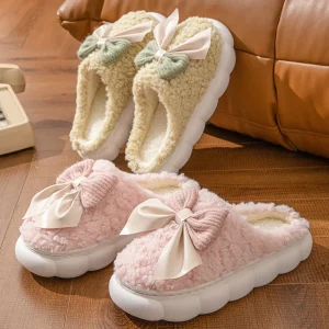 New Style Factory Home Winter Soft Cotton Slippers Plush Indoor Slippers for Women Bowknot Plush Slippers