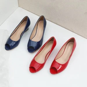 New Style Fashionable Peep toe Women’s Shoes Mirror Wedge Heel Slip on Shoes Versatile Patent Leather Work Shoes