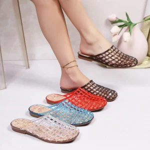 New Style Roman Fashion Women’s Half Mesh Beach Jelly Casual Outdoor Summer Flats Comfortable Flat Ladies Mesh Jelly Shoes