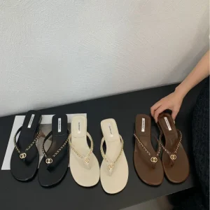 New Style Sexy Women’s Chunky Low Heel Metal Summer Beach Slippers Comfortable Fashion Trend