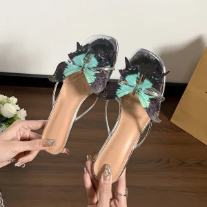 New Style Stiletto Square Head Women’s Butterfly Flower Slip-On Mule Slippers Low Heel Silver Soft Breathable Summer