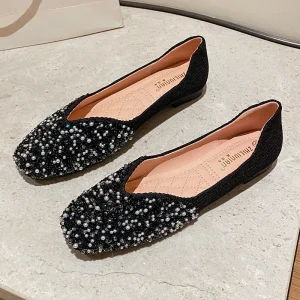 New Style Women’s Square Toe Sequin Flats Shallow Mouth Soft Soled Outsole Loafers Summer Slip On