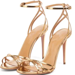 New Styles Women’s High Heels Summer Gold Thin Heels Sandals Elegant Lady’s Dress Shoes Ankle Straps Shiny Heels for Party