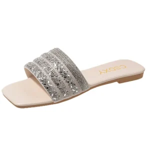 New Summer Fairy Style Outdoor Slippers Rhinestone Sandals Fashionable One Strap Flat for Women