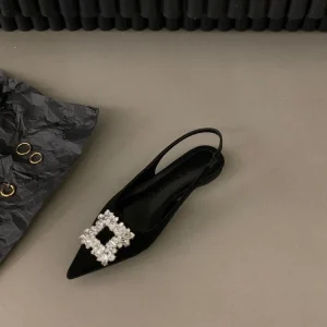 New Summer French-style Solid Color Crystal Decorated Ankle Strap Anti-Slip Pointed Toe Elegant Dress Party Shoes Flat Heel