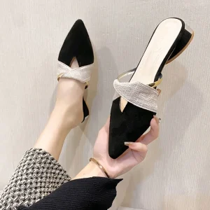New Summer Mule Shoes for Women Large Size Outdoor Sandals with Low Heel Lazy Toe Pointed Suede Half Slippers Outer Wear