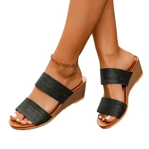 New Summer Peep Toe Anti Slippery Slip On Large Size Wedge Heel Women’s Slippers for Cross Border Sales