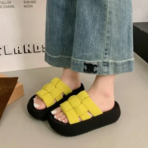New Summer Spring Autumn Women’s Platform Thick Soled Slip On Woven Strap Sandals with Casual Korean Style Design