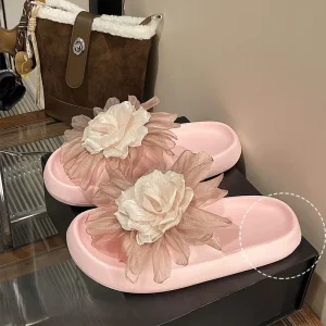 New Summer Women’s Fairy Style Mesh Floral Slides Thick Sole Non slip Outdoor Casual Sandals