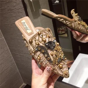 New Summer Women’s Slippers Outdoor Flat Sandals Breathable Pointed Toe Mules Designer Inspired Rhinestone Bridal Flats