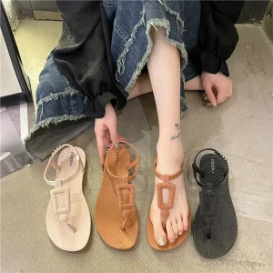 New Summer Women’s Solid Color Roman Flat Sandals Cushioning Korean Style Fashionable Outwear College Style Student Casual Beach