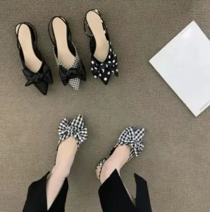 New Thick Heel Bowknot Closed Toe Flat Sandals Women’s Black Polka Dot Low Heel Pumps Shoes