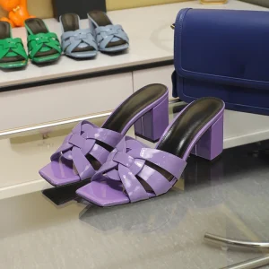 New Thick Heel Patent Leather Summer Leisure Slippers Women’s Square Toe Woven Belt Design Muller Shoes