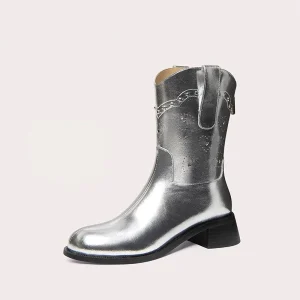 New Western Boots Women Round Toe Retro Versatile Bootie Stacked Heel Mid Calf Autumn Trendy Boots Women’s Shoes