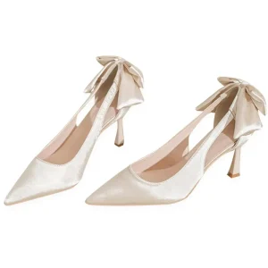 New White High Heels Women’s Thin Heels Pointed Single Shoes Wedding Shoes Butterfly Bow Satin Bridal Shoes