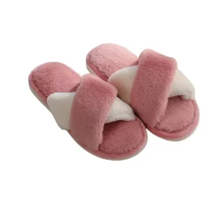 New Winter Open Toe Fur Plush Cross Strap Slippers Home Indoor Anti Slip Warm for Women