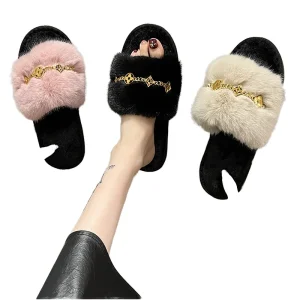 New Winter Spring Trendy High-end Plush Suede Upper Slippers for Women’s Outdoor Use Thick Rubber Outsole One-shoulder